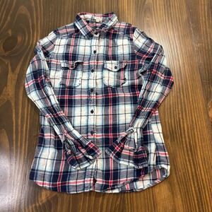 MARISOL Plaid Flannel Shirt Womens Small Red Navy Soft Long Sleeve Button Front